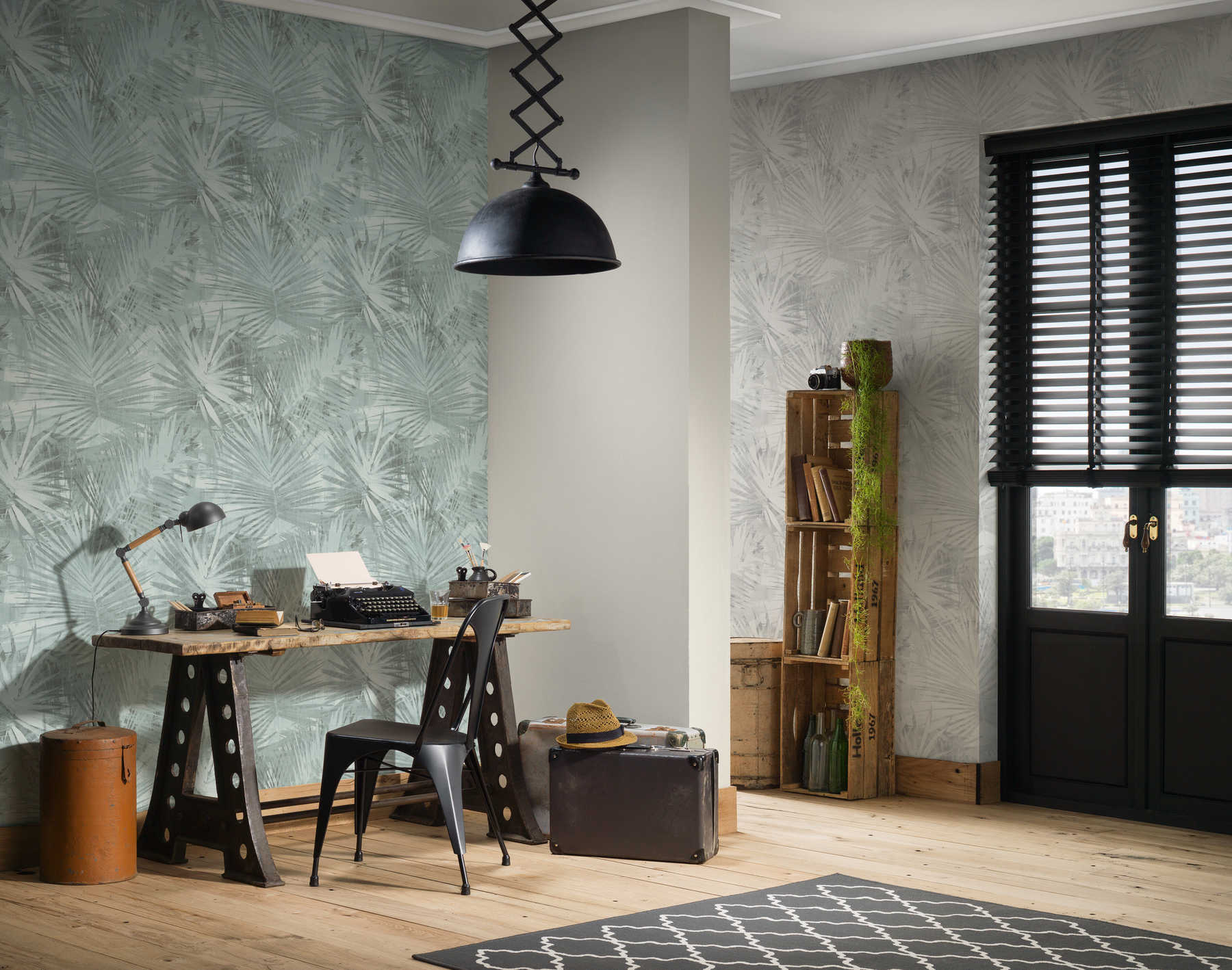             Leaves wallpaper stylized design in hygge look - grey
        