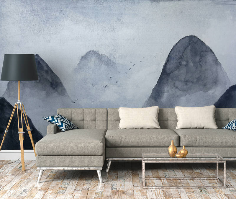             Papier peint panoramique paysage de montagne aquarelle - gris, noir
        