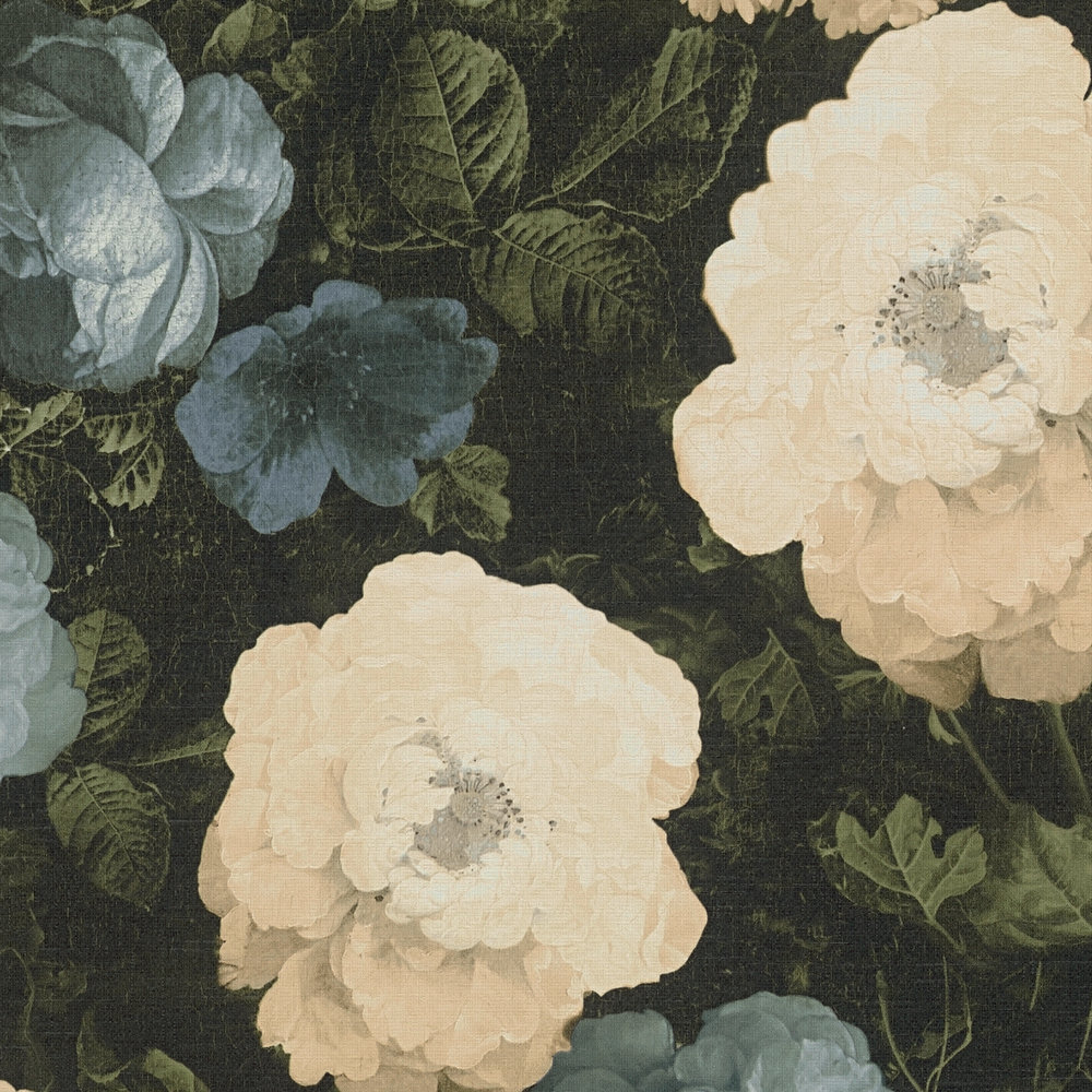             Papier peint rose, motif floral classique - bleu, vert, crème
        