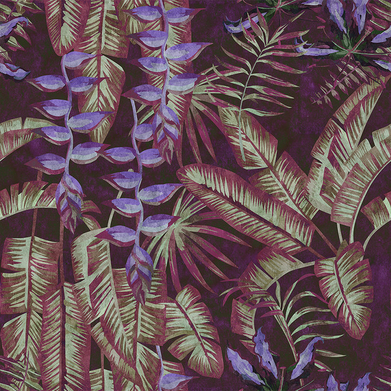 Tropicana 3 - Papel pintado tropical en estructura de papel secante con hojas y helechos - Rojo, Morado | Vellón liso Premium
