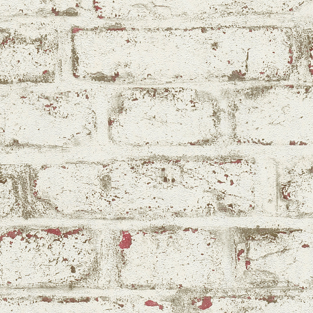             Papier peint aspect pierre avec brique blanche vintage - blanc, rouge, beige
        