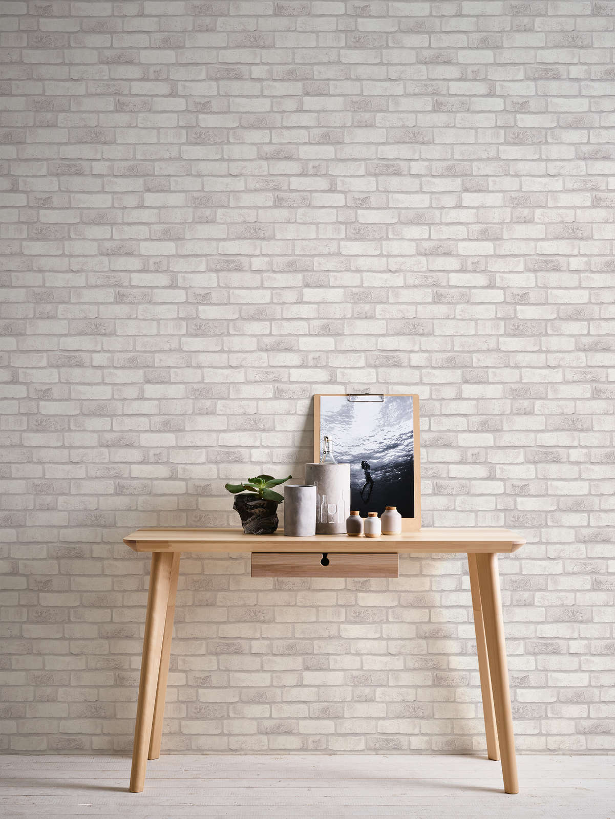             Non-woven wallpaper with brick wall - white, grey, grey
        