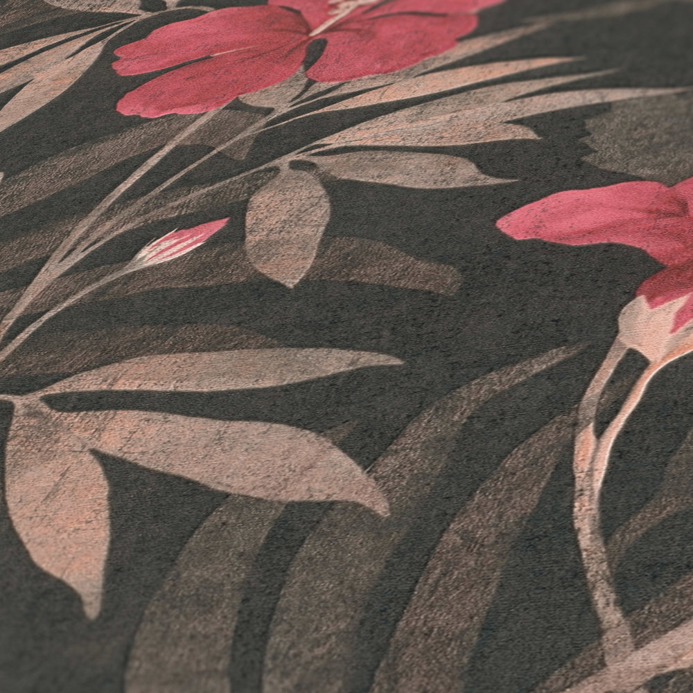             Wallpaper jungle leaves & hibiscus flowers - brown, red
        