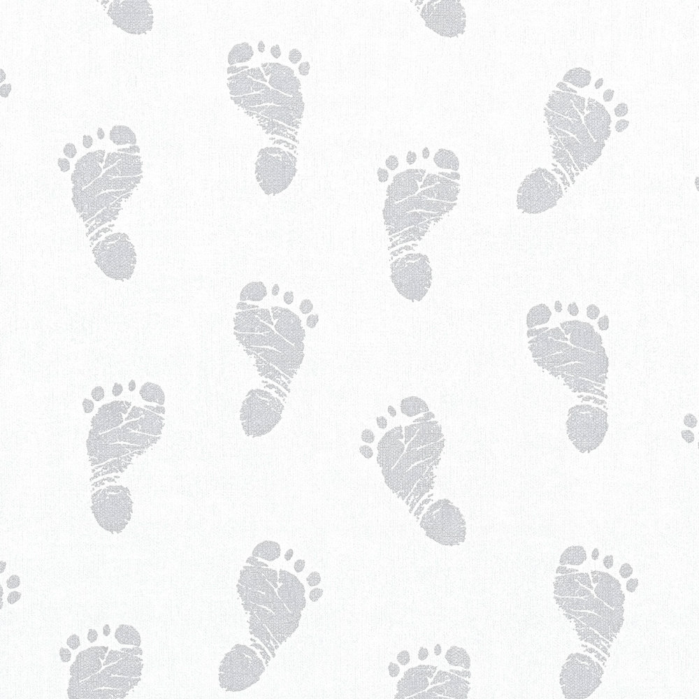             Baby behang met voetjes patroon - metallic, wit
        