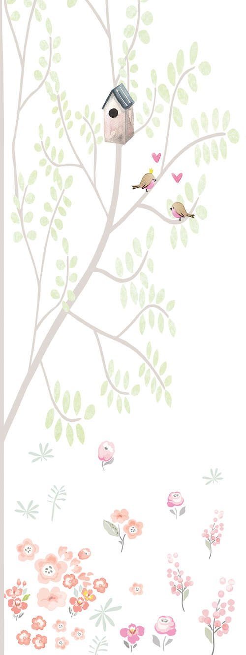             Papier peint enfant arbre avec volière vert et rose sur intissé nacré lisse
        