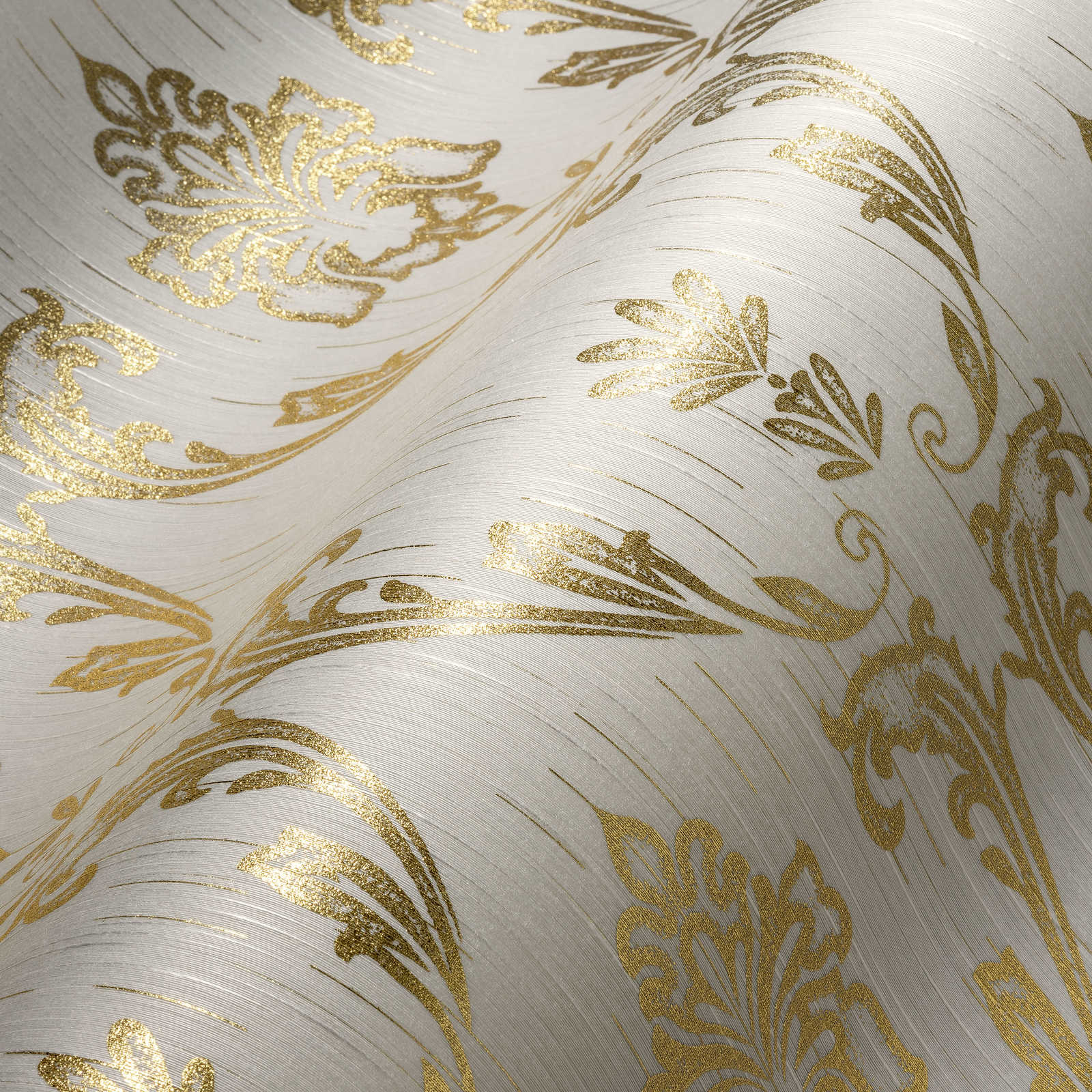             Papel pintado ornamental con elementos florales en oro - oro, blanco
        