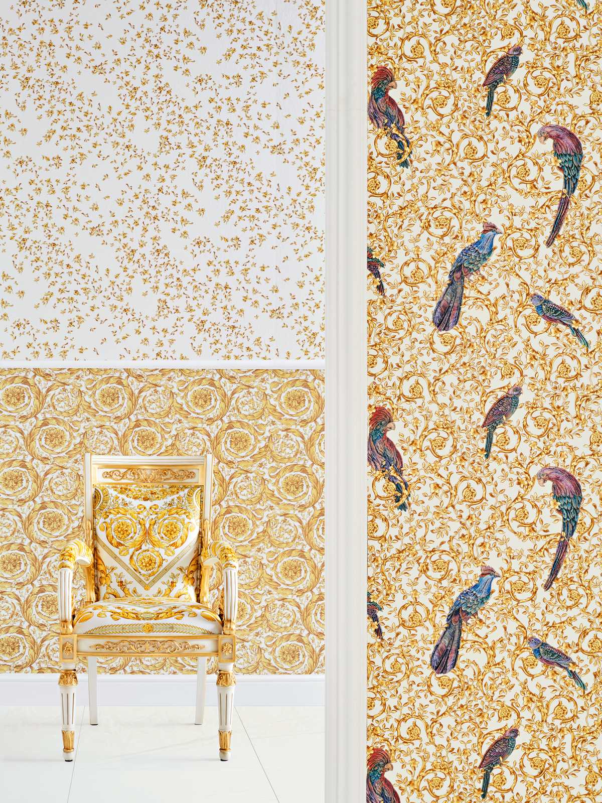             VERSACE Home papier peint oiseaux du paradis & accents dorés - or, violet, crème
        