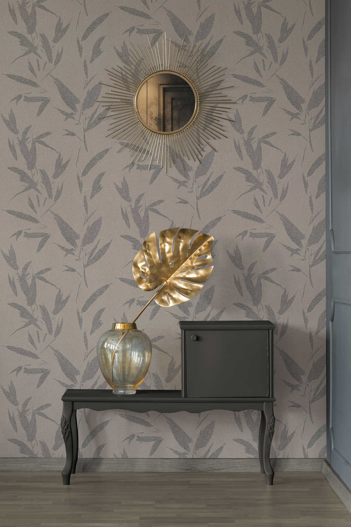             Non-woven wallpaper leaf motif abstract, textile look - brown, beige
        