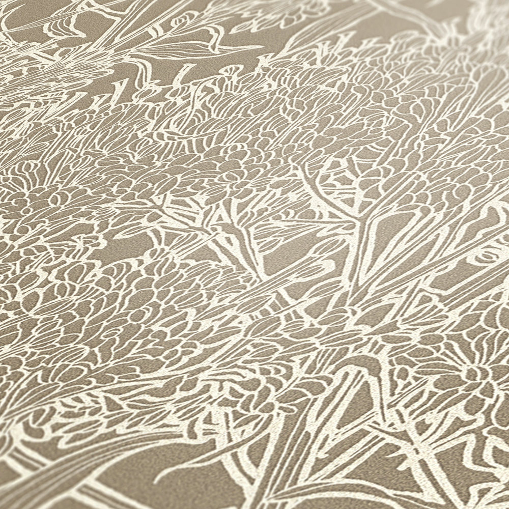             Papel pintado mediterráneo colores arena con motivos florales - gris, plata, beige
        