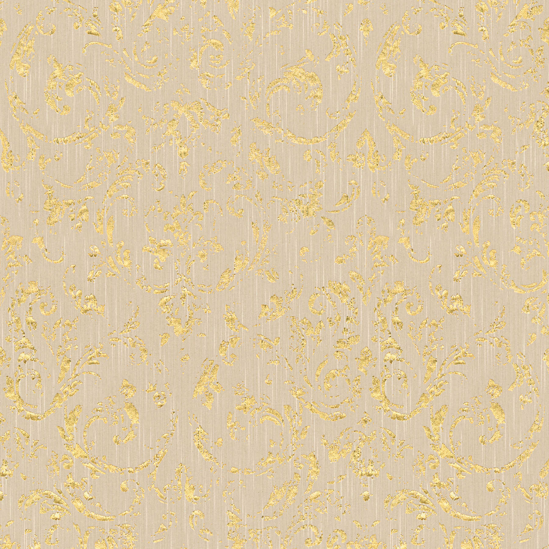 Papel pintado ornamental de aspecto usado con efecto metálico - beige, oro
