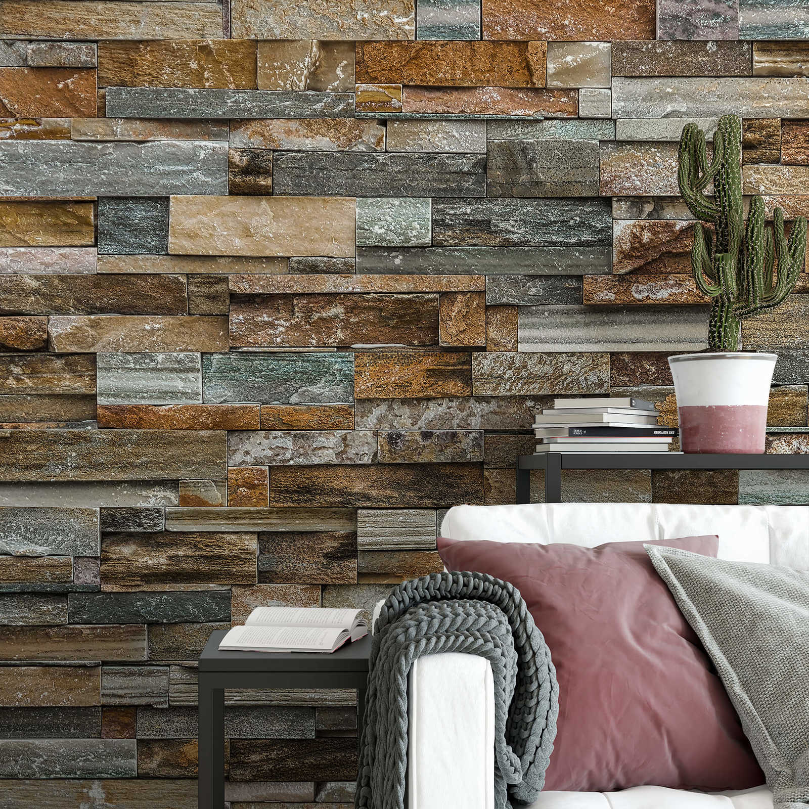             Stone wall mural with 3D brickwork - brown, grey
        