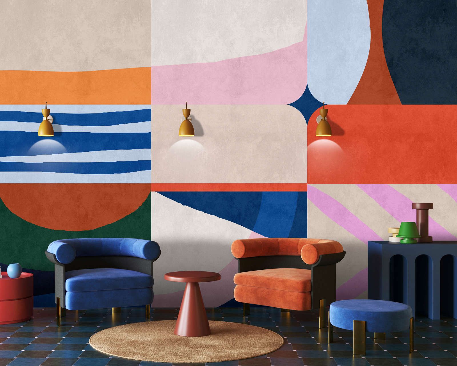             Photo wallpaper »mañana« - Colourful patchwork design with concrete plaster texture - Matt, smooth non-woven fabric
        