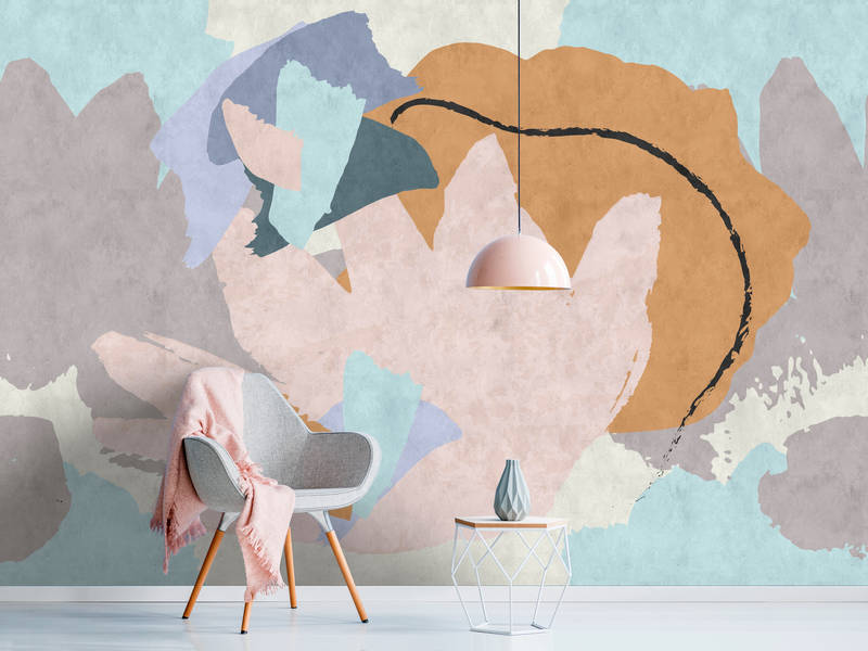             Floral Collage 2 - Modern Wallpaper Abstract Art in Blotting Paper Texture - Blue, Cream | Matt Smooth Non-woven
        