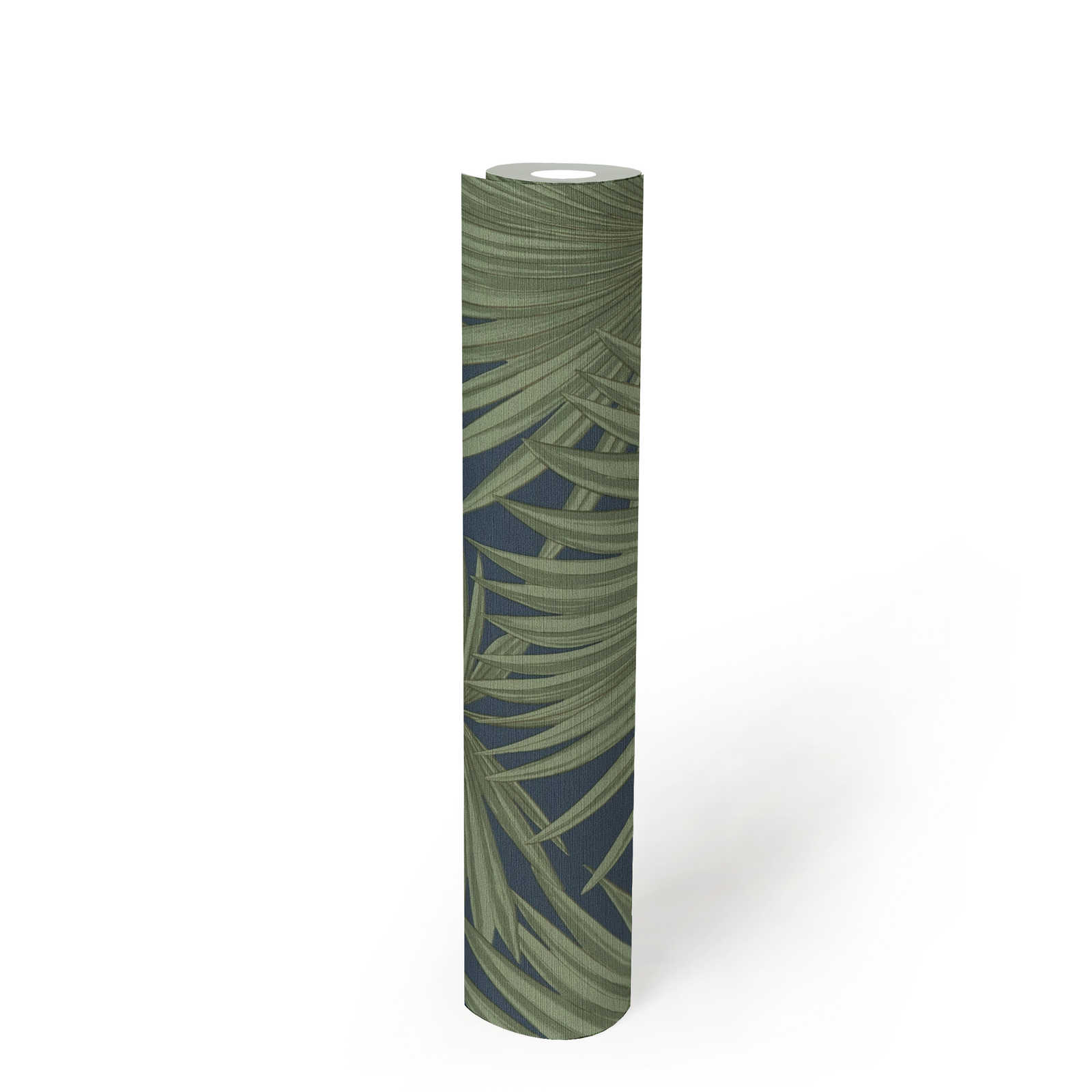             Papier peint intissé avec feuilles de palmier sur fond discret - vert, bleu
        