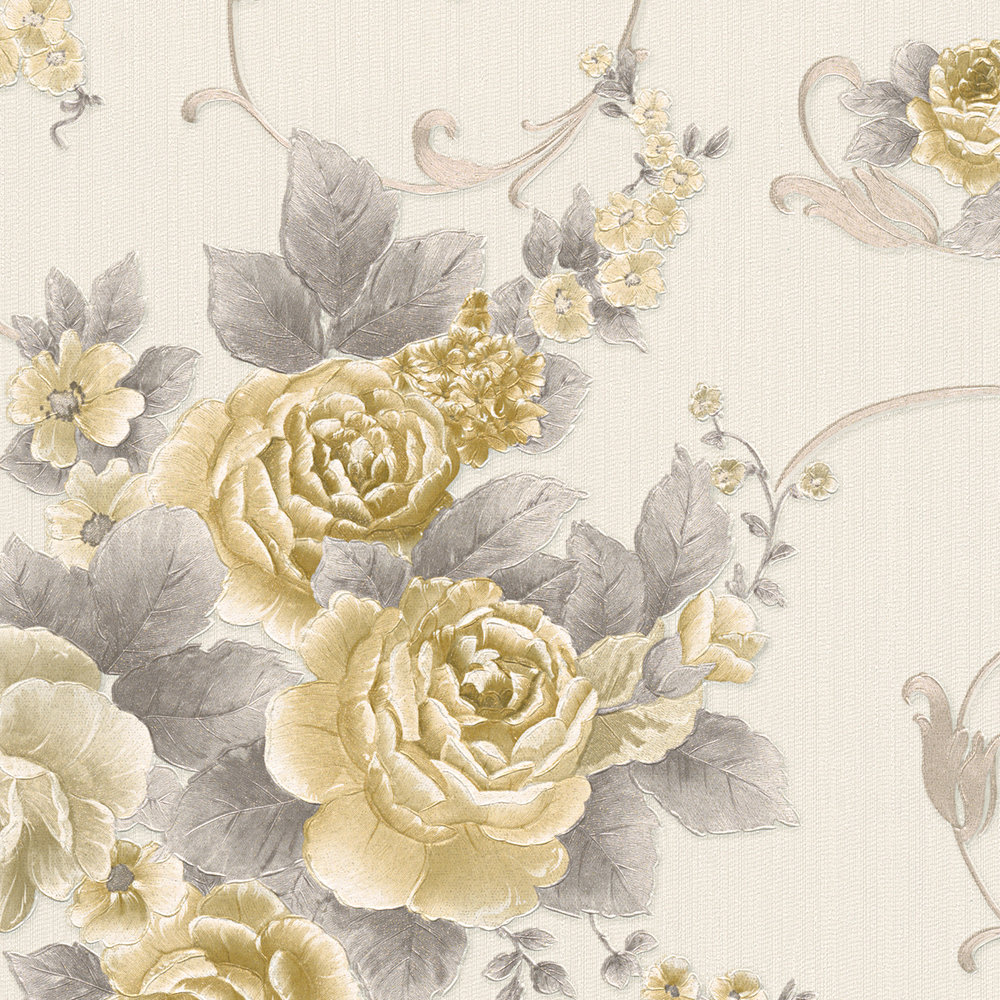             Rose petal wallpaper with metallic effect in country style - grey, gold, white
        
