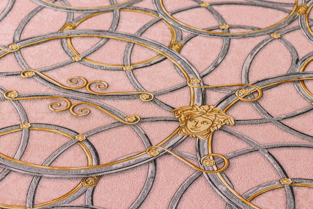             Papel pintado VERSACE Home con motivo de círculo y medusa - plata, oro, rosa
        
