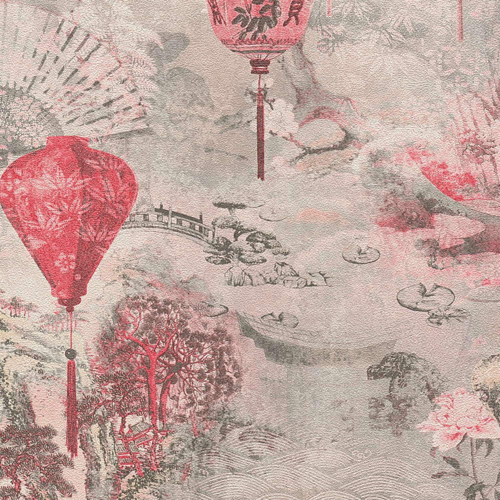             Non-woven wallpaper with landscape motif and Asian decor - grey, red, pink
        