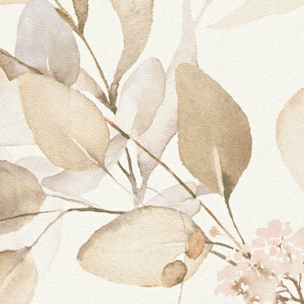             Vliesbehang met aquarelbladmotief in warme tinten - crème, beige
        