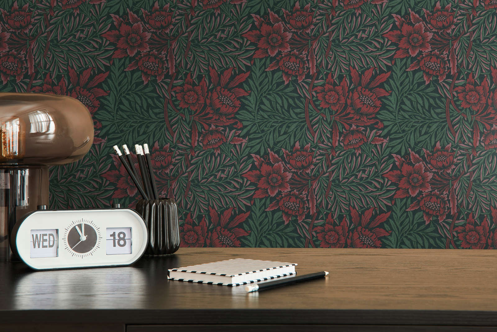            Non-woven wallpaper with floral pattern large flower and tendrils - green, red, black
        