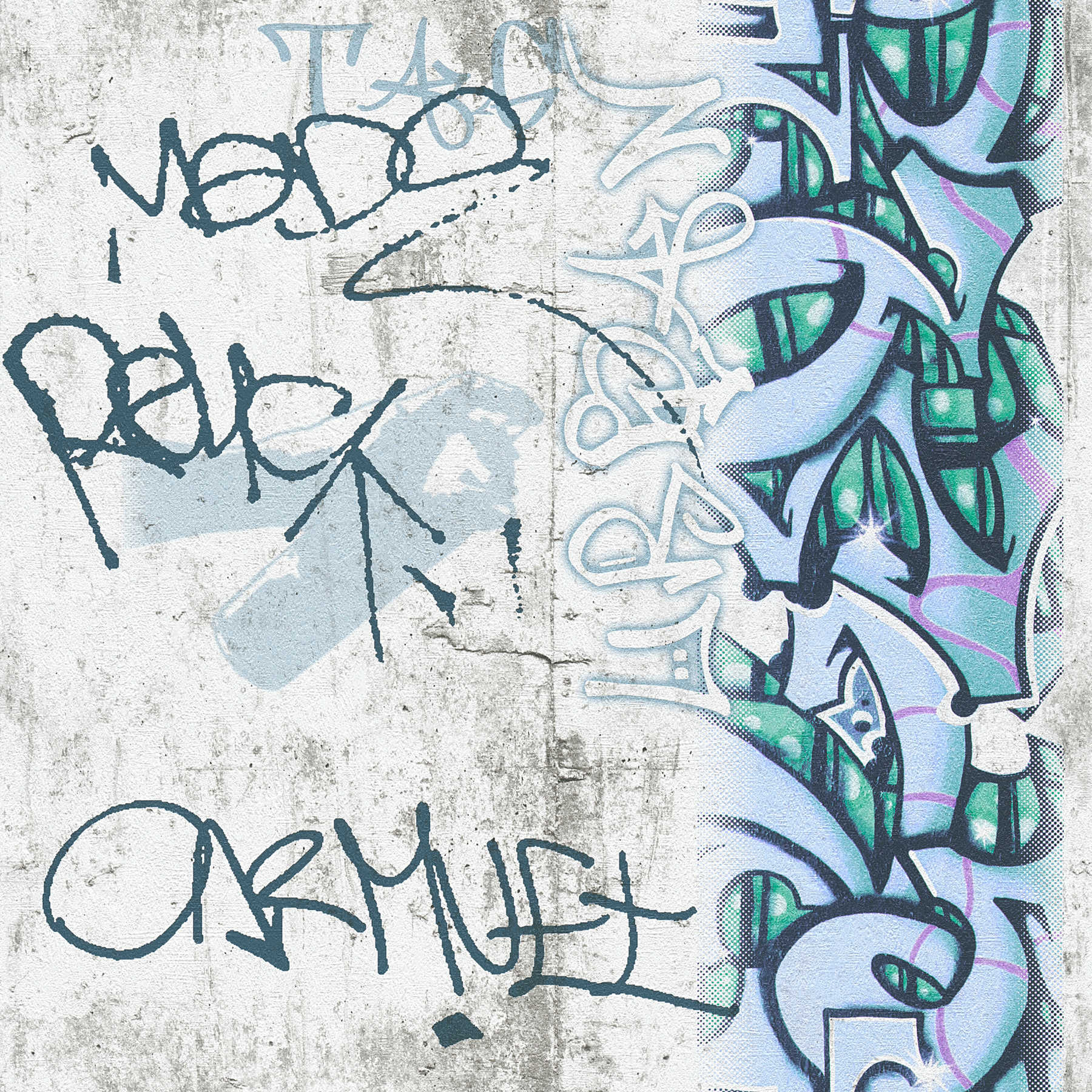 Youth room wallpaper graffiti in street look - grey, green
