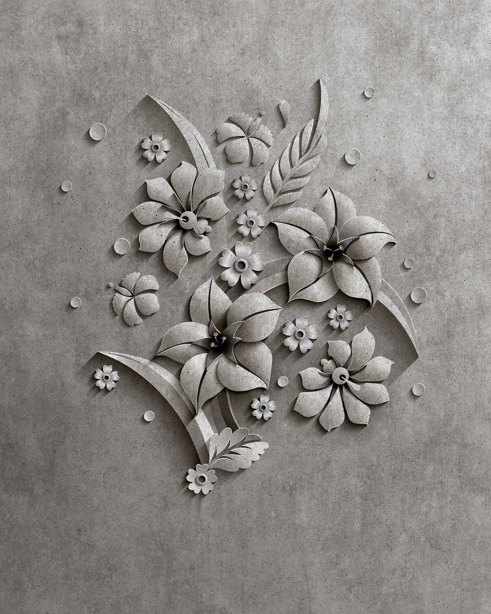             Reliëf 1 - Digital behang in betonstructuur van een bloemenreliëf - Grijs, Zwart | Matglanzend vlies
        