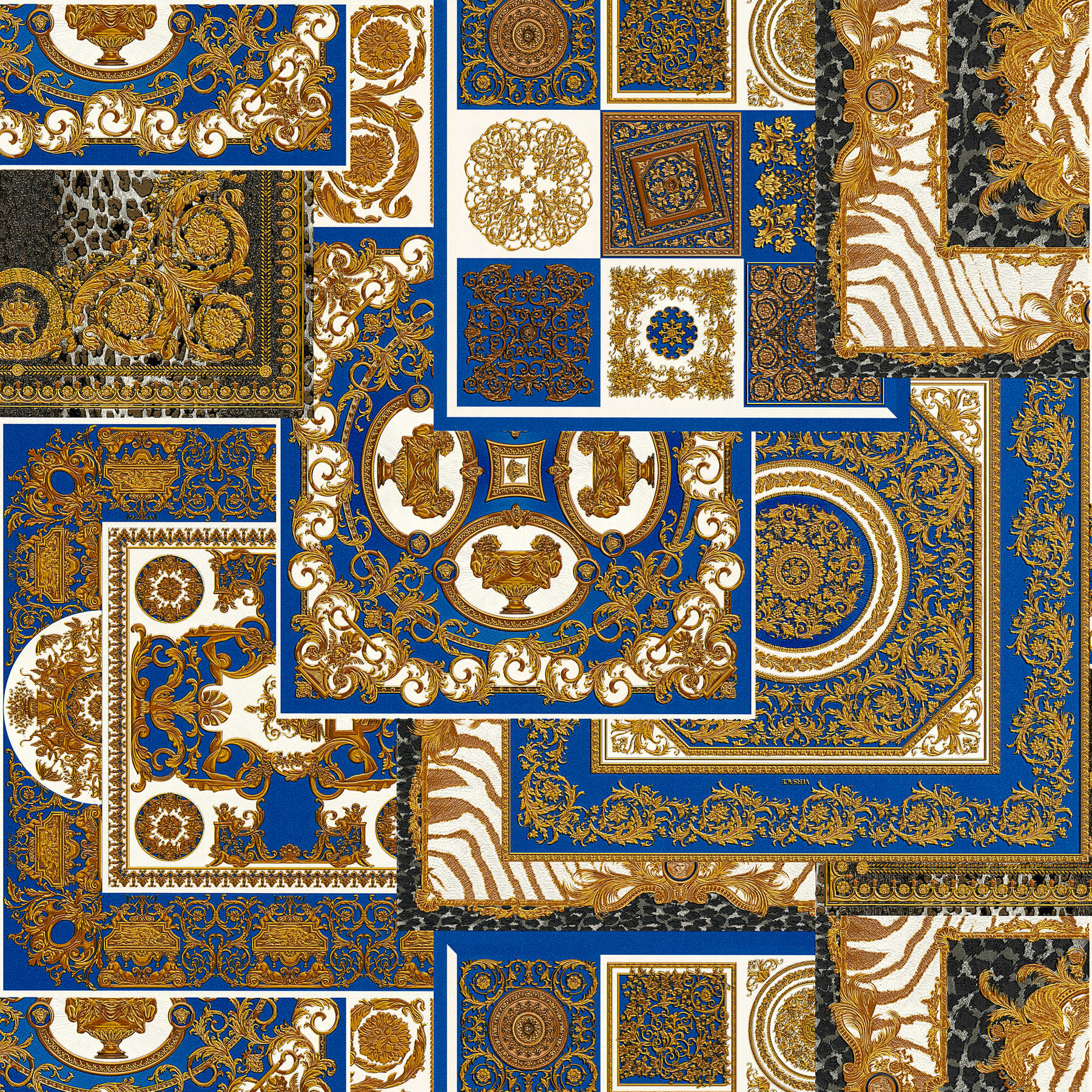 Papel pintado VERSACE Home detalles barrocos y estampado animal - oro, azul, blanco

