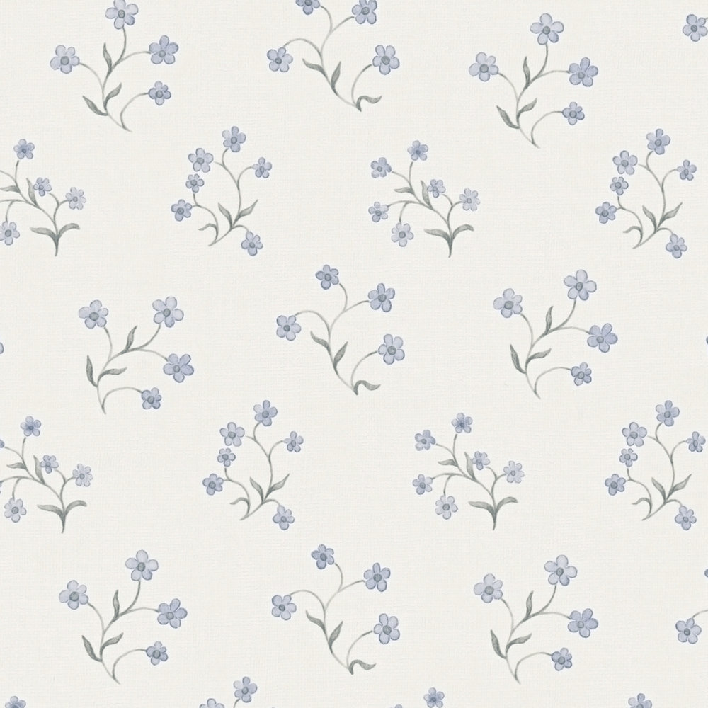             Vliesbehang met fijn bloemenpatroon - wit, blauw, grijs
        