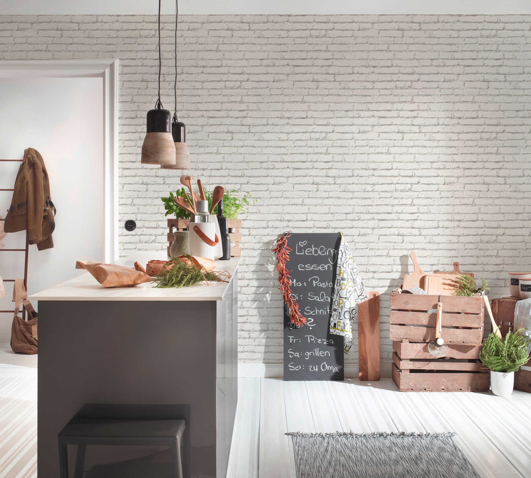             Wallpaper with brick wall with white stones and joints - white, grey
        