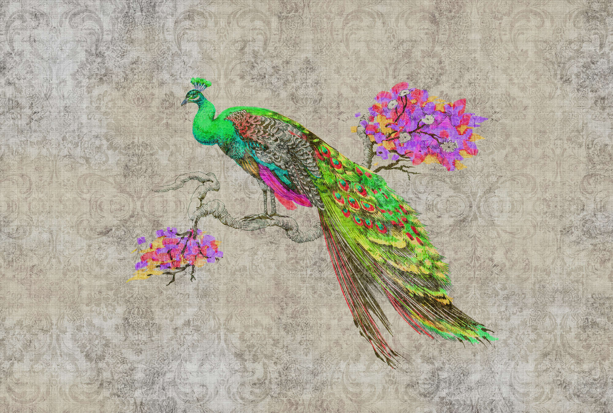             Peacock 1 - Carta da parati con struttura in lino naturale e pavone in colori neon - Verde, Rosa | Perla in tessuto non tessuto liscio
        