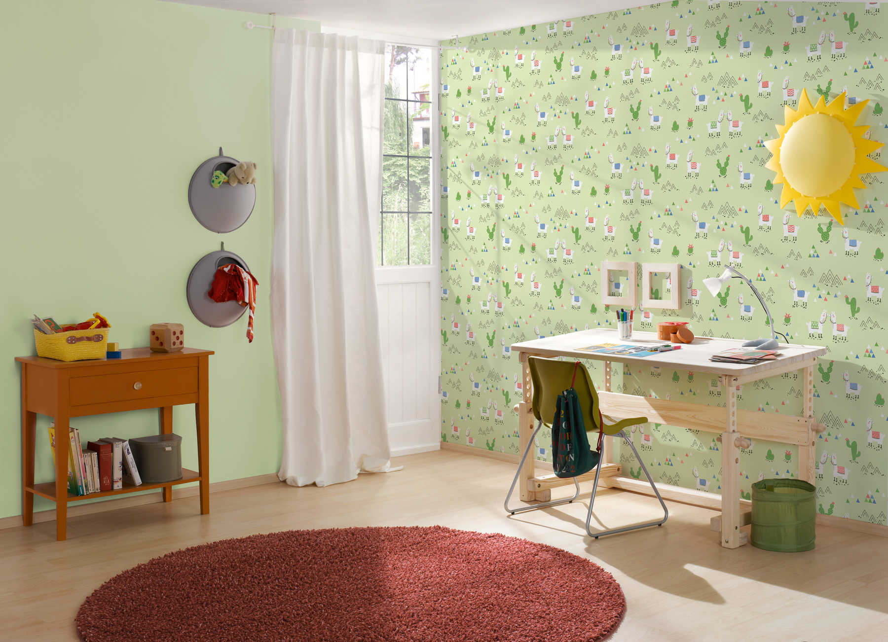             Non-woven wallpaper llama in comic style with textile look - green,
        
