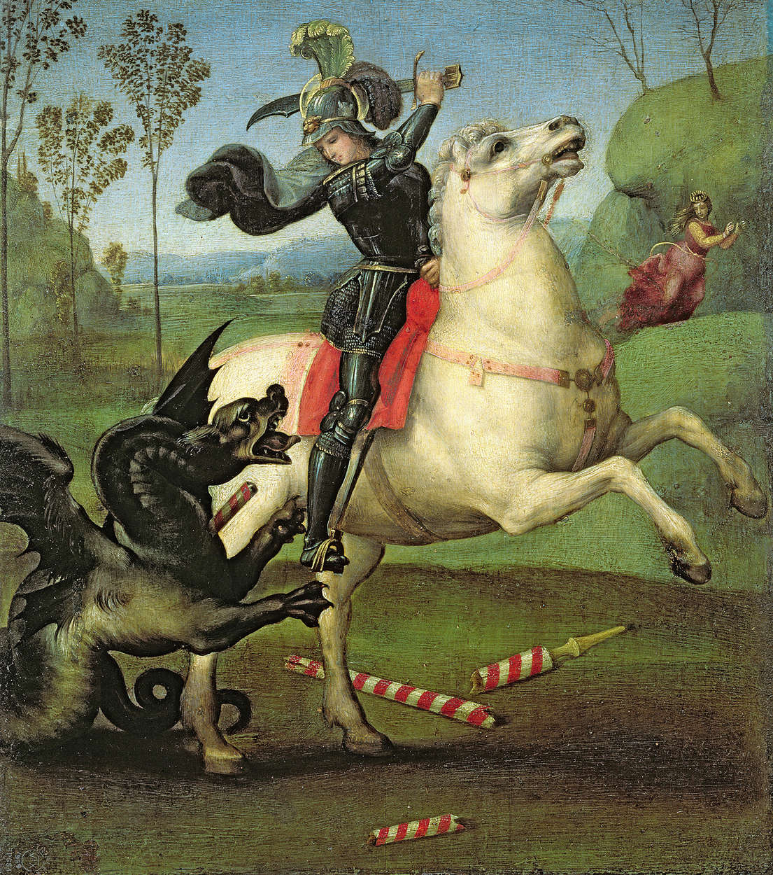             San Giorgio che combatte il dragone", murale di Raffaello
        
