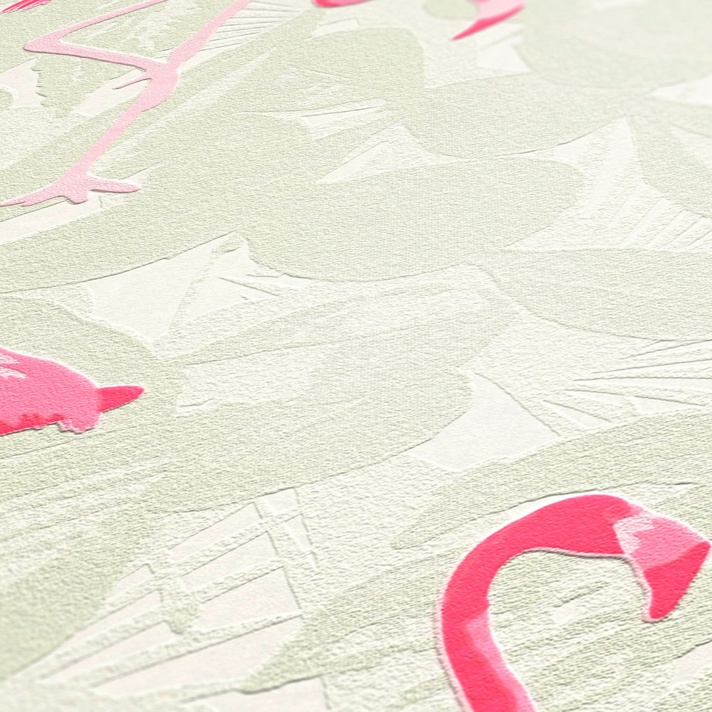             Papier peint Flamingo avec des feuilles tropicales - rose, crème
        