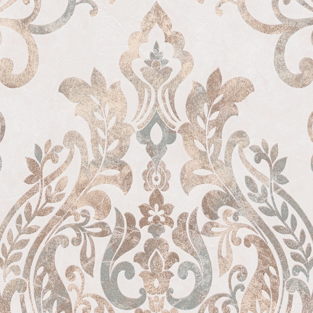             Papel pintado ornamental en diseño vintage y floral - crema, beige, rosa
        
