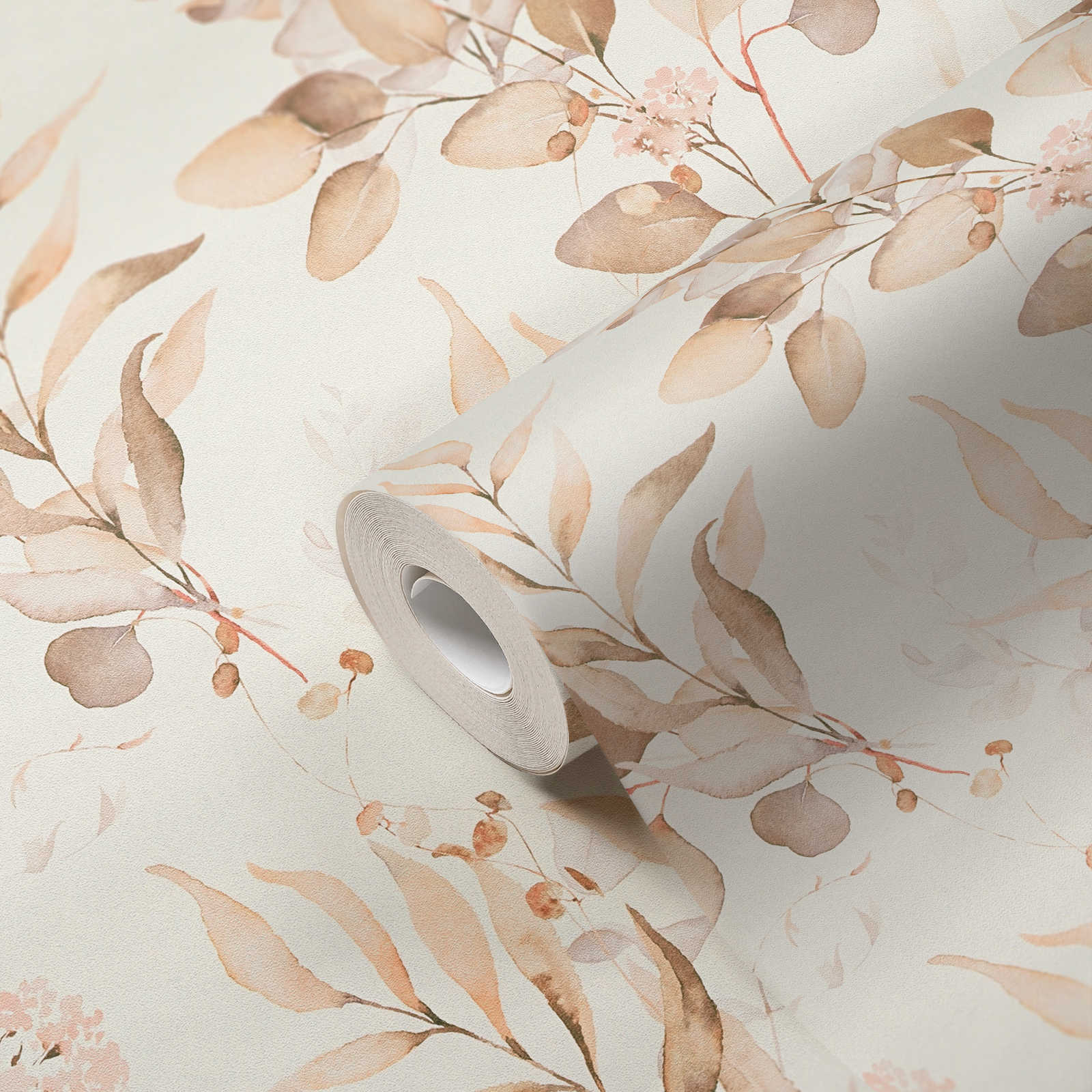             Non-woven wallpaper with watercolour leaf motif in warm tones - cream, beige
        