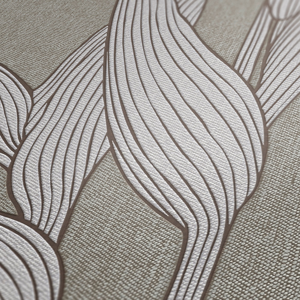             Papier peint Hygge aspect lin & motif feuilles - Gris
        