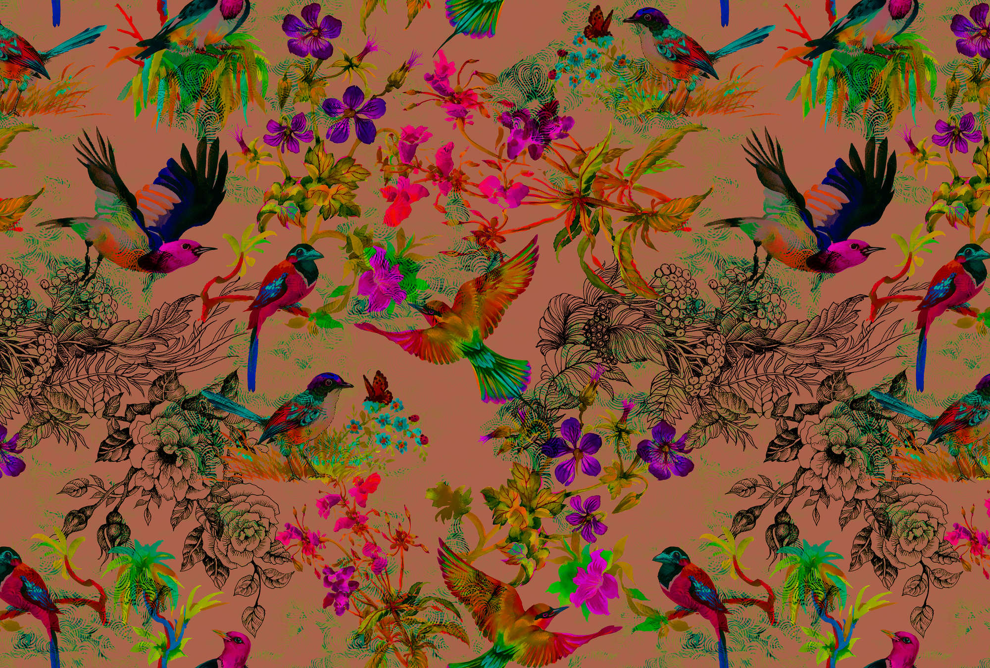             Papier peint oiseau style collage multicolore - multicolore, marron
        