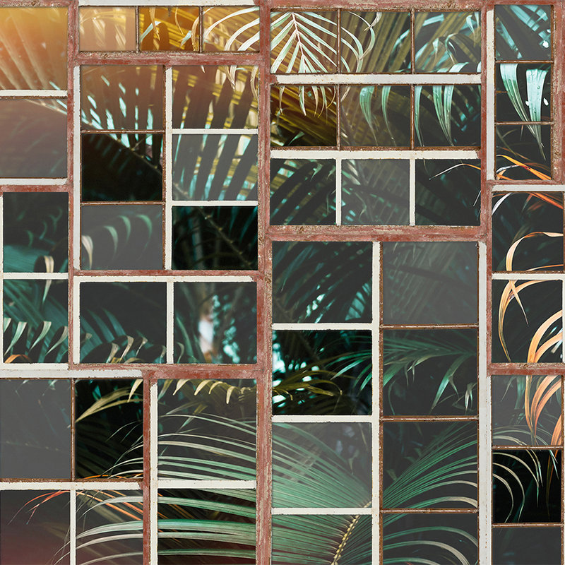         Photo wallpaper with view, retro window & ferns - brown, white, green
    