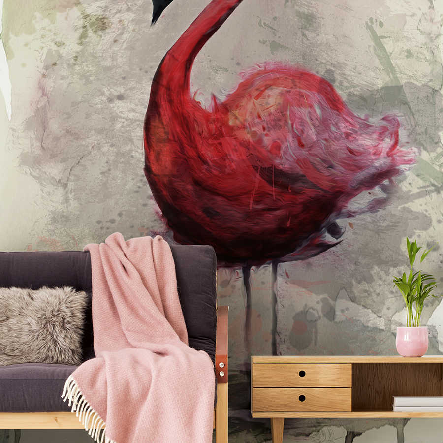         Watercolour mural with flamingo motif in drawing style
    