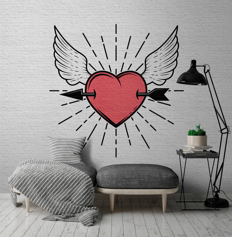             Tattoo you 1 - Rockabilly style photo wallpaper, heart motif - Grey, Red | Matt smooth fleece
        