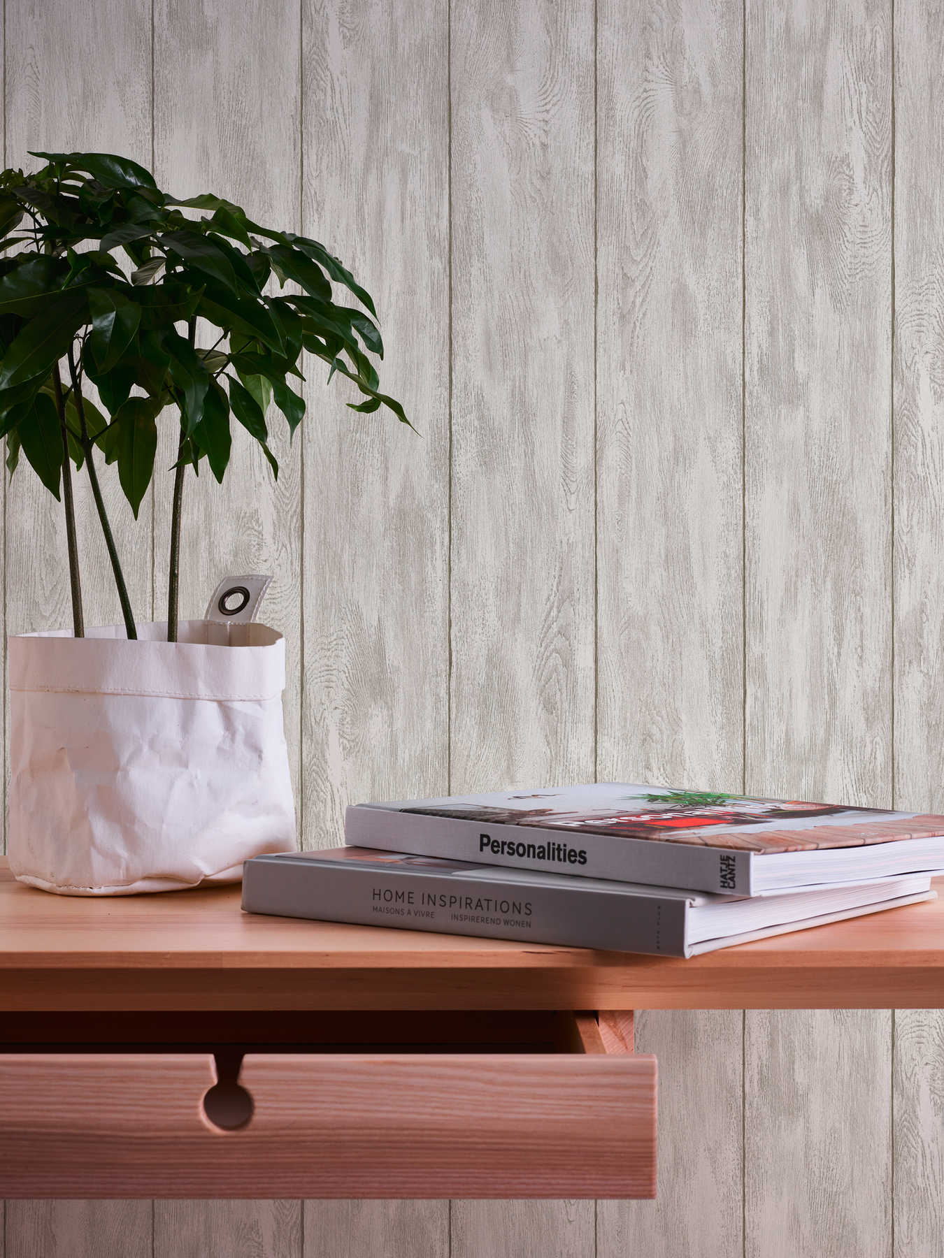             Papier peint imitation bois pour une sensation de maison de campagne confortable - beige, crème, gris
        