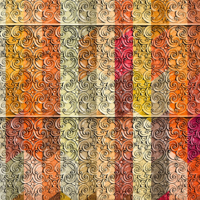 Gestreept Behang met Houten Panelen & Ornament Ontwerp - Kleurrijk, Crème, Geel
