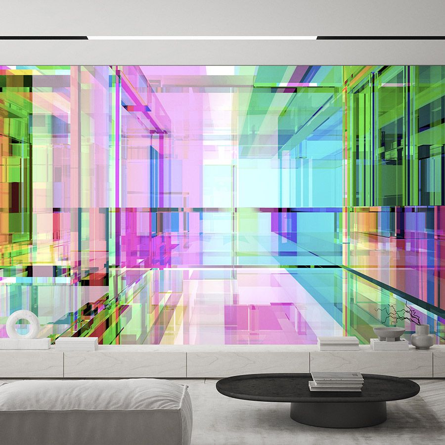 Digital behang »focus« - Futuristisch ontwerp in een vierde dimensie in neonkleuren - Gladde, licht parelmoerachtige vliesstof
