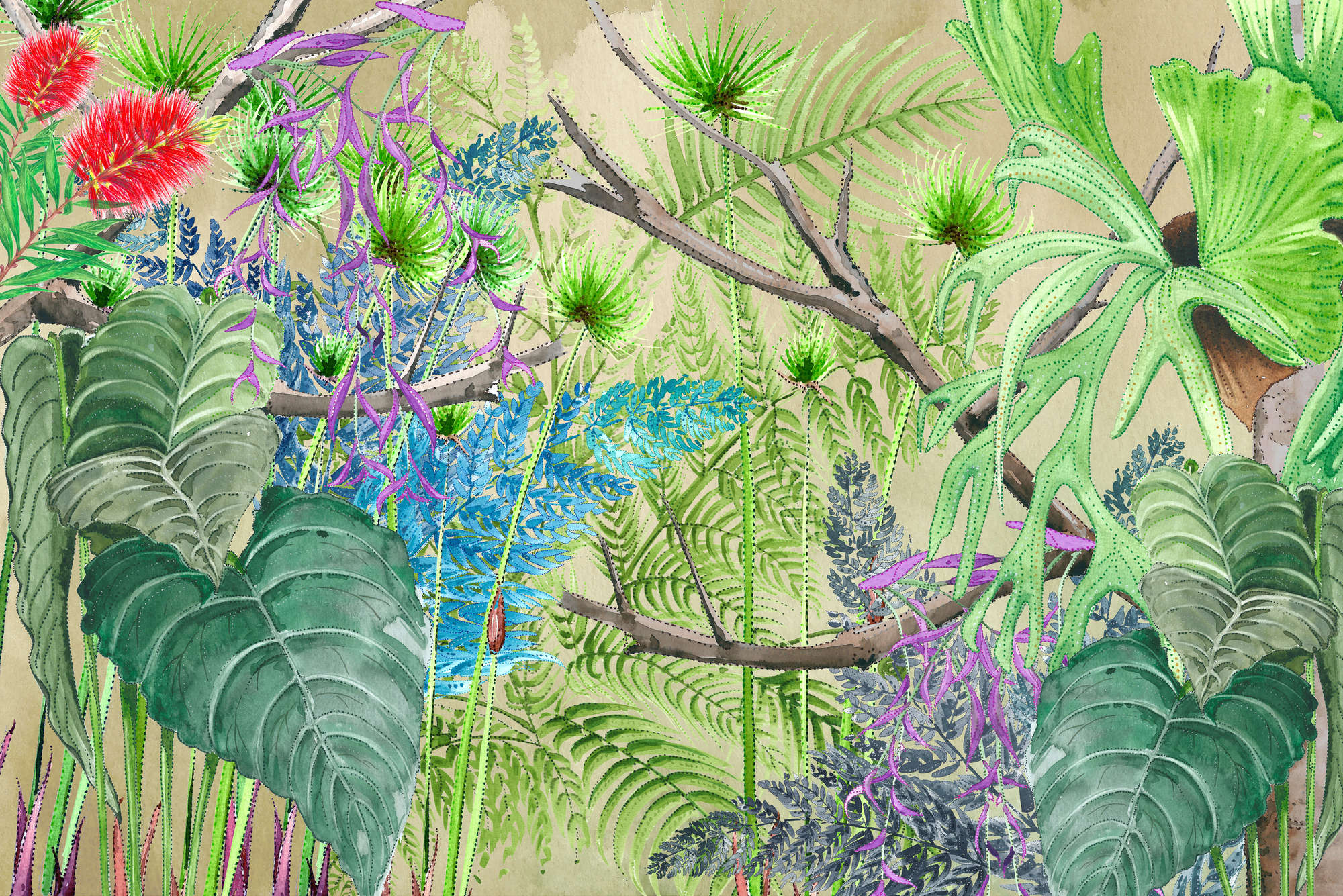             Papel pintado selva con flores en azul y verde sobre vellón liso mate
        