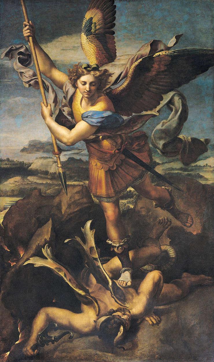             San Michele uccide il demone" murale di Raffaello
        