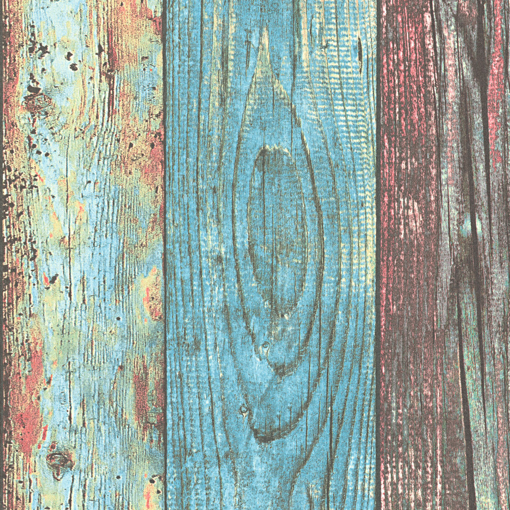             Papier peint Shabby Chic aspect bois usé - multicolore
        