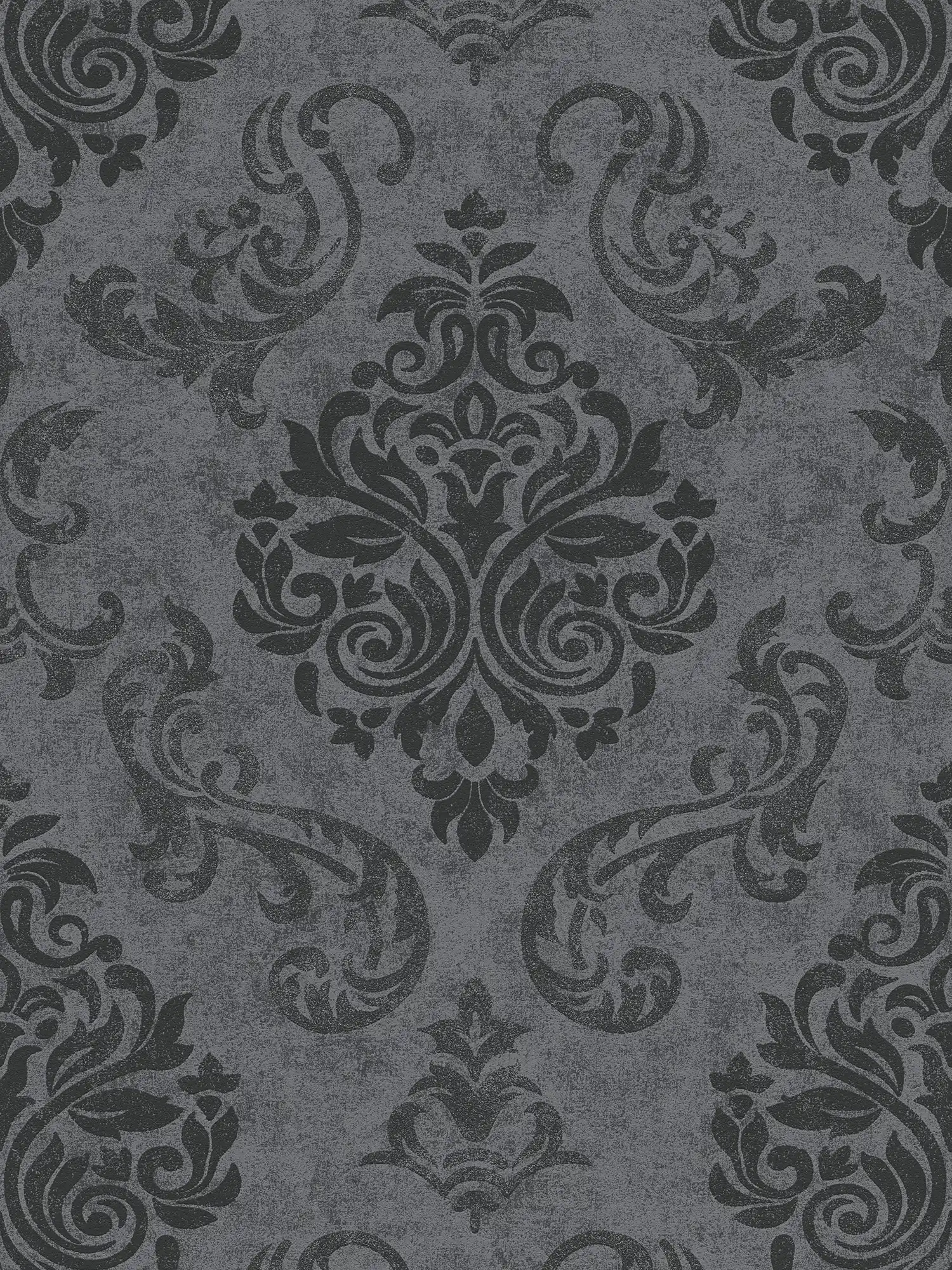 Ornaments wallpaper baroque style with glitter effect - grey, metallic, black
