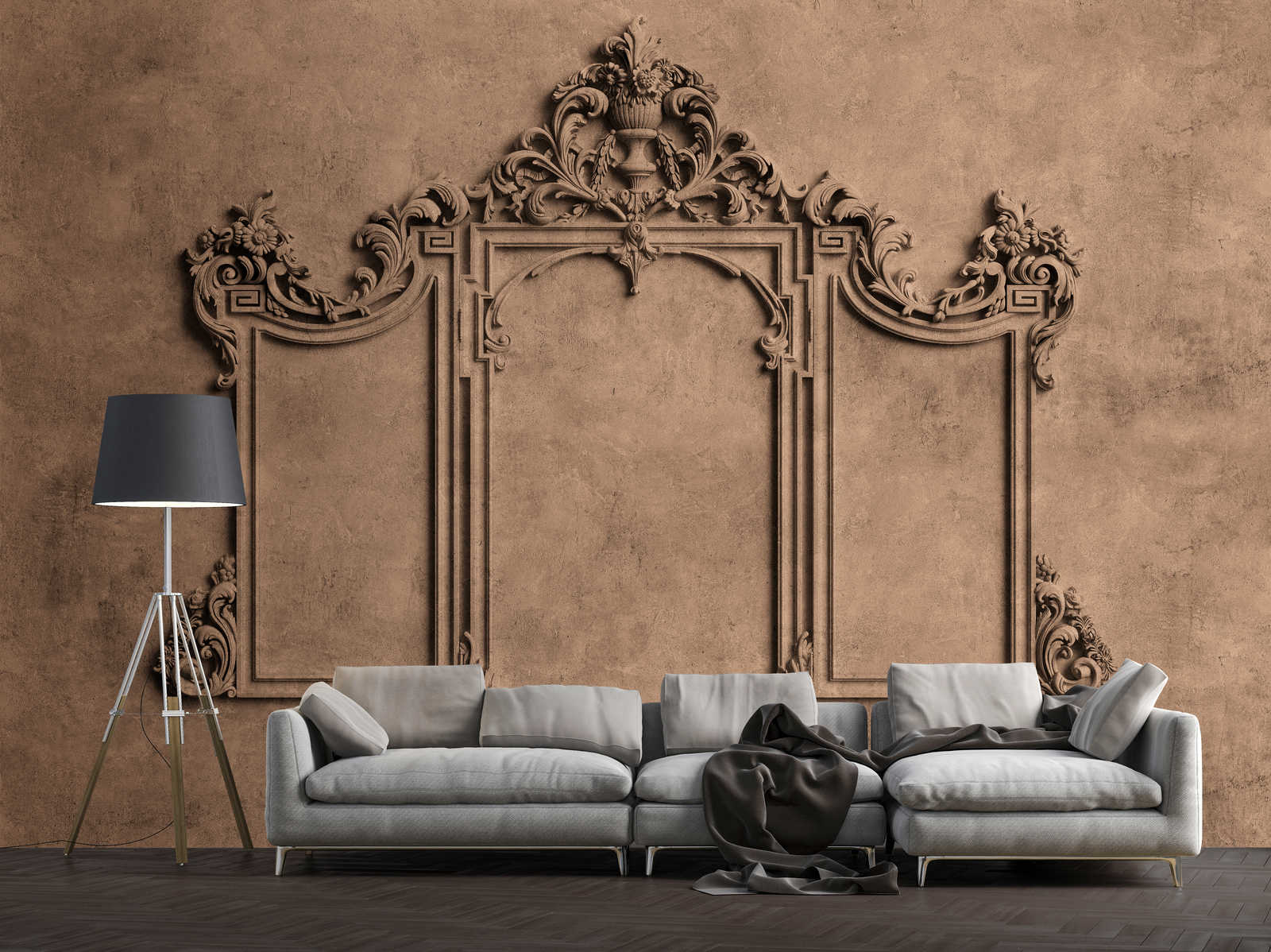             Lyon 1 - photo wallpaper 3D stucco frame & plaster look in brown
        