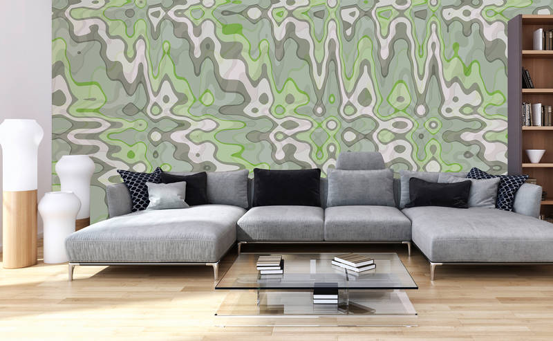             Papel pintado de diseño abstracto y vibraciones retro - Verde, blanco, gris
        