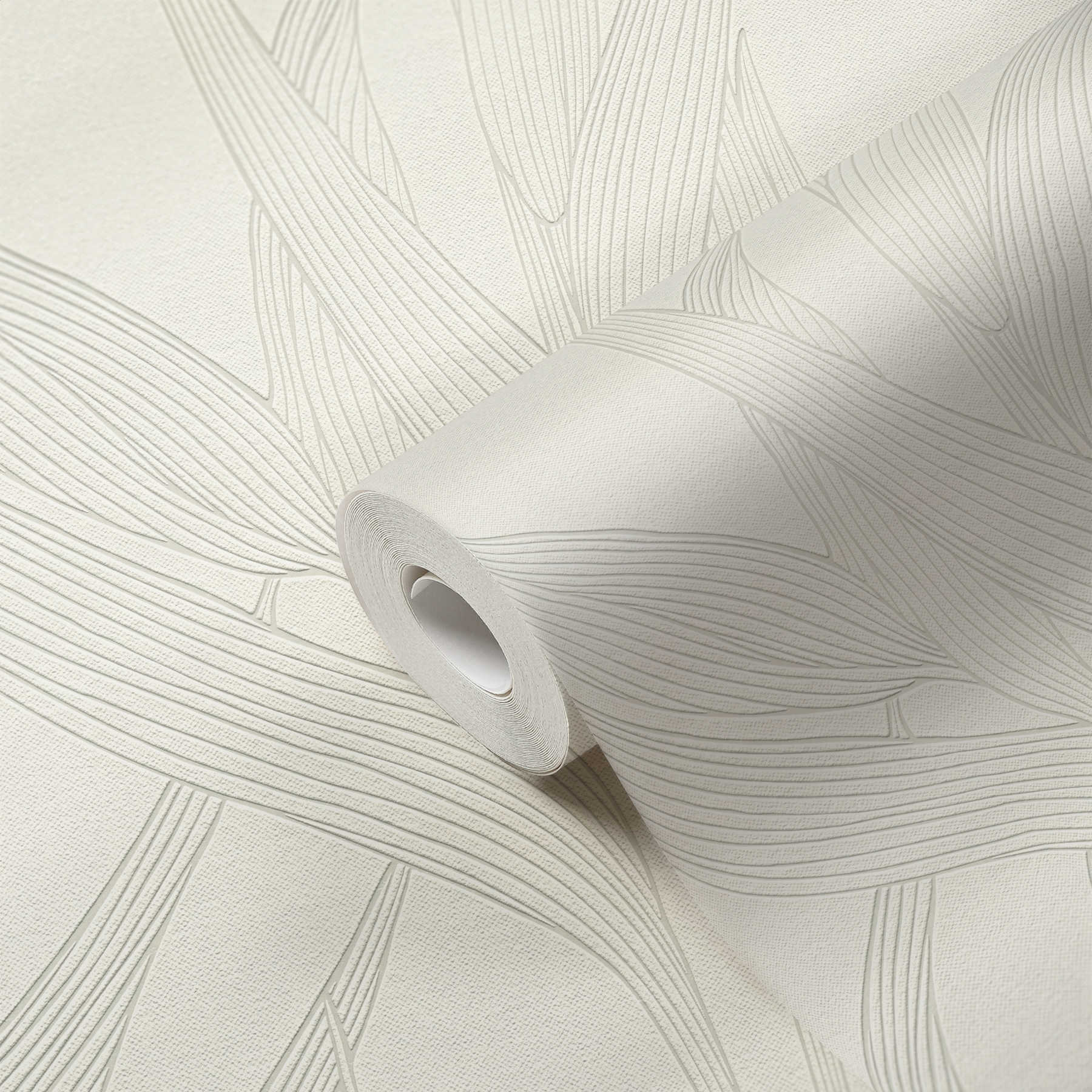             Textured wallpaper with leaves design - beige, white
        
