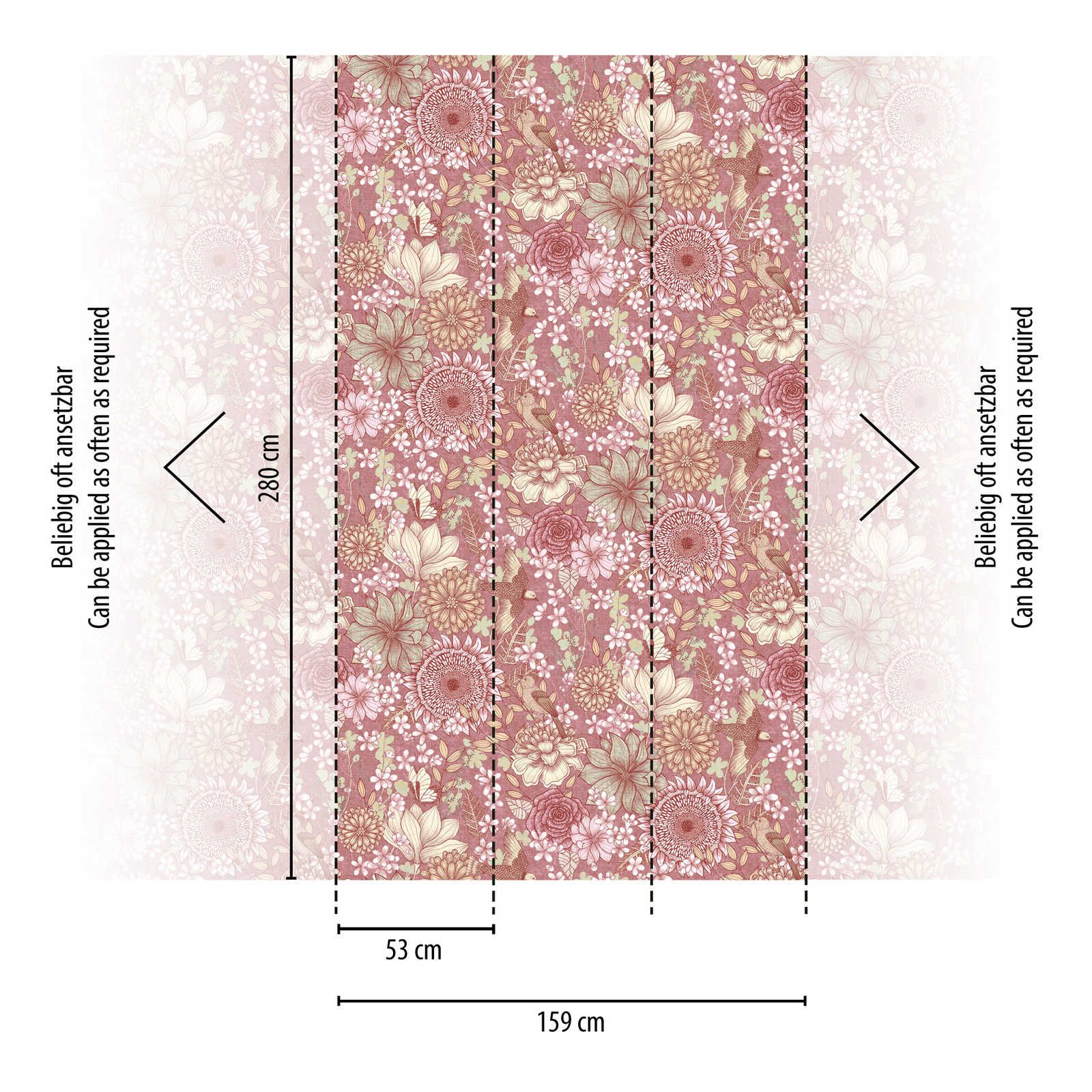             Gebloemd vliesbehang met verschillende bloemen en bladeren - roze, wit, crème
        
